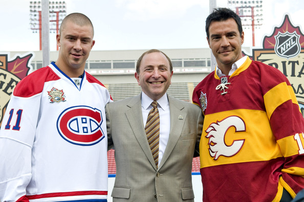 Gary Bettman with Flames and Canadiens jerseys for 2011 Heritage Classic