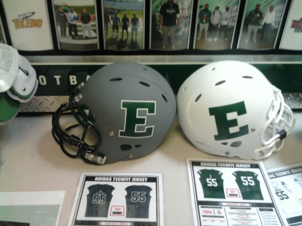 EMU Eastern Michigan Eagles NCAA Football New Uniforms - photograph helmets