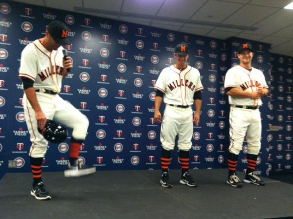 Minnesota Twin wear Minneapolis Millers Uniforms Throwback