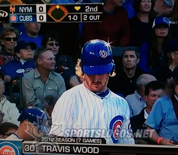 Travis Wood Cubs batting helmet sticker up-side-down