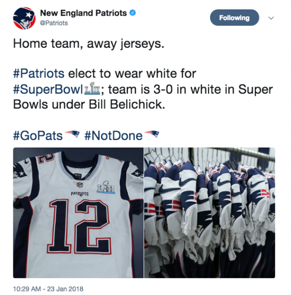 Patriots to wear their white jerseys in Super Bowl LII despite being