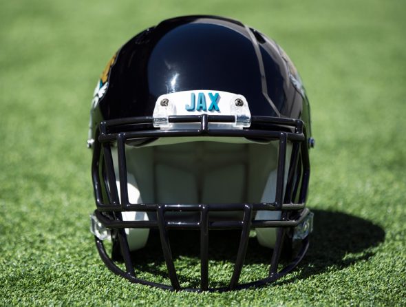 A detail view of a Jacksonville Jaguars helmet on the sideline