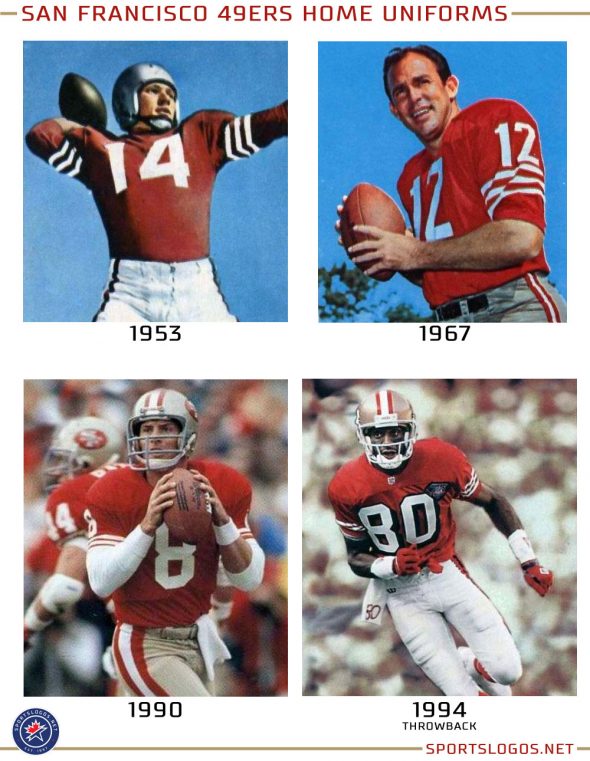 A collection of *some* of the 49ers home uniforms over the years