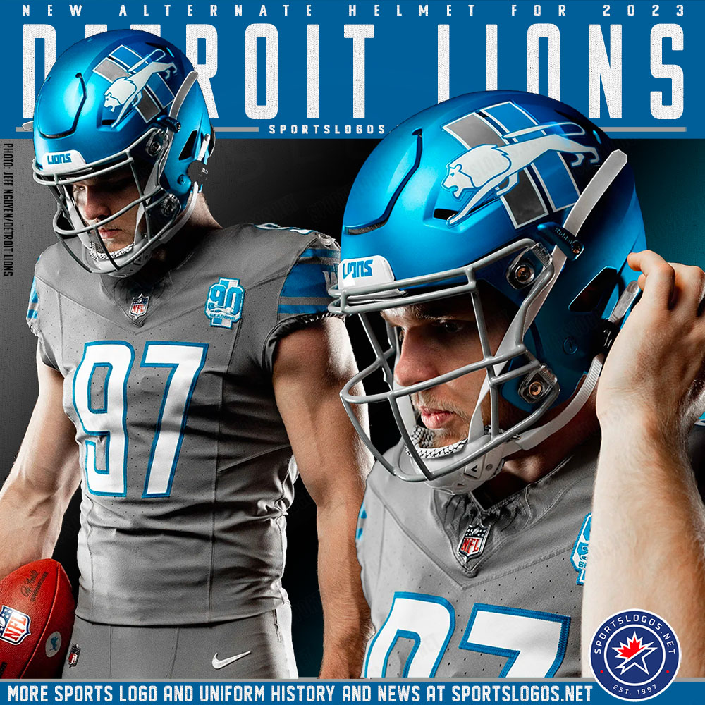 Detroit Lions New Alternate Helmet Blue Silver Uniforms 2023 Nfl Sportslogosnet 