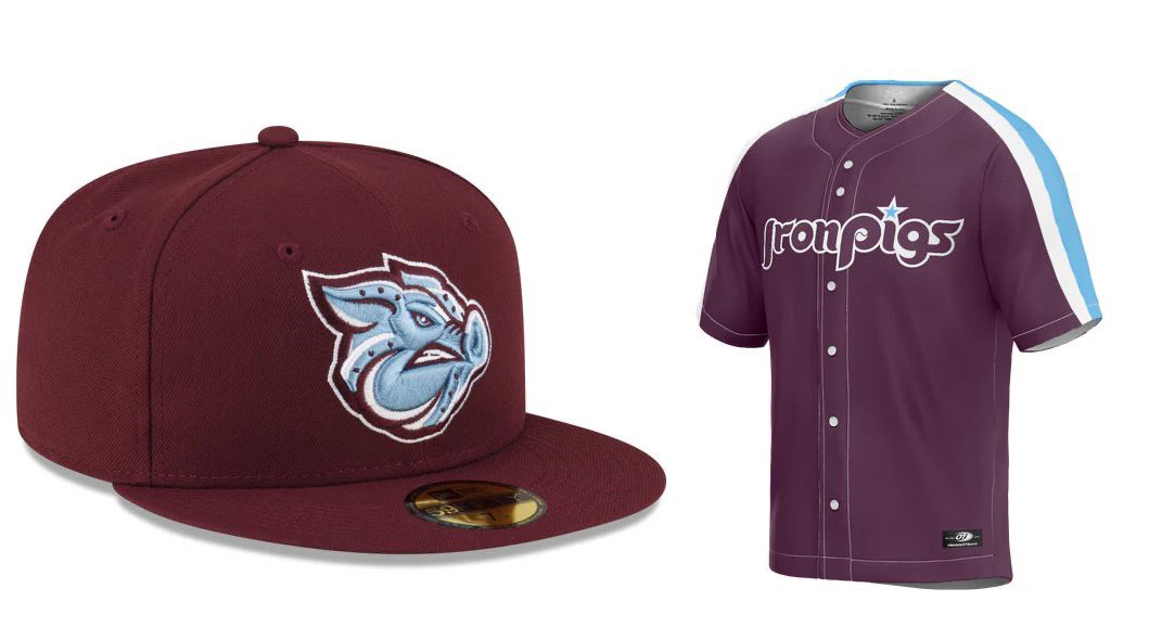 The hat features the IronPigs logo in powder blue against a burgundy ...