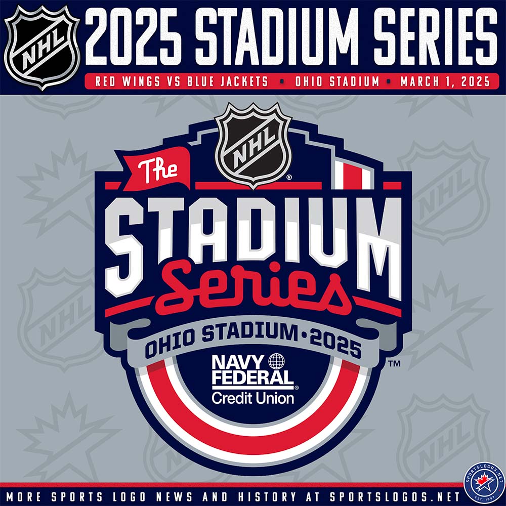 The logo heavily uses the host Blue Jackets’ colour scheme of navy blue
